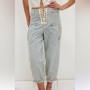 Free People We The Free Smooth Sailing Blue Striped Barrel Jeans 27 NWT $168